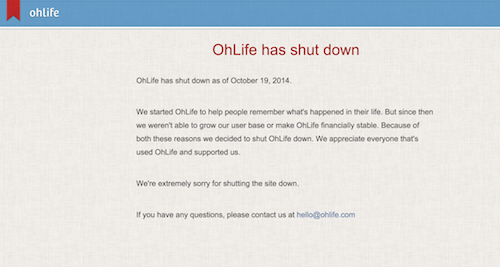 The OhLife shutdown notice